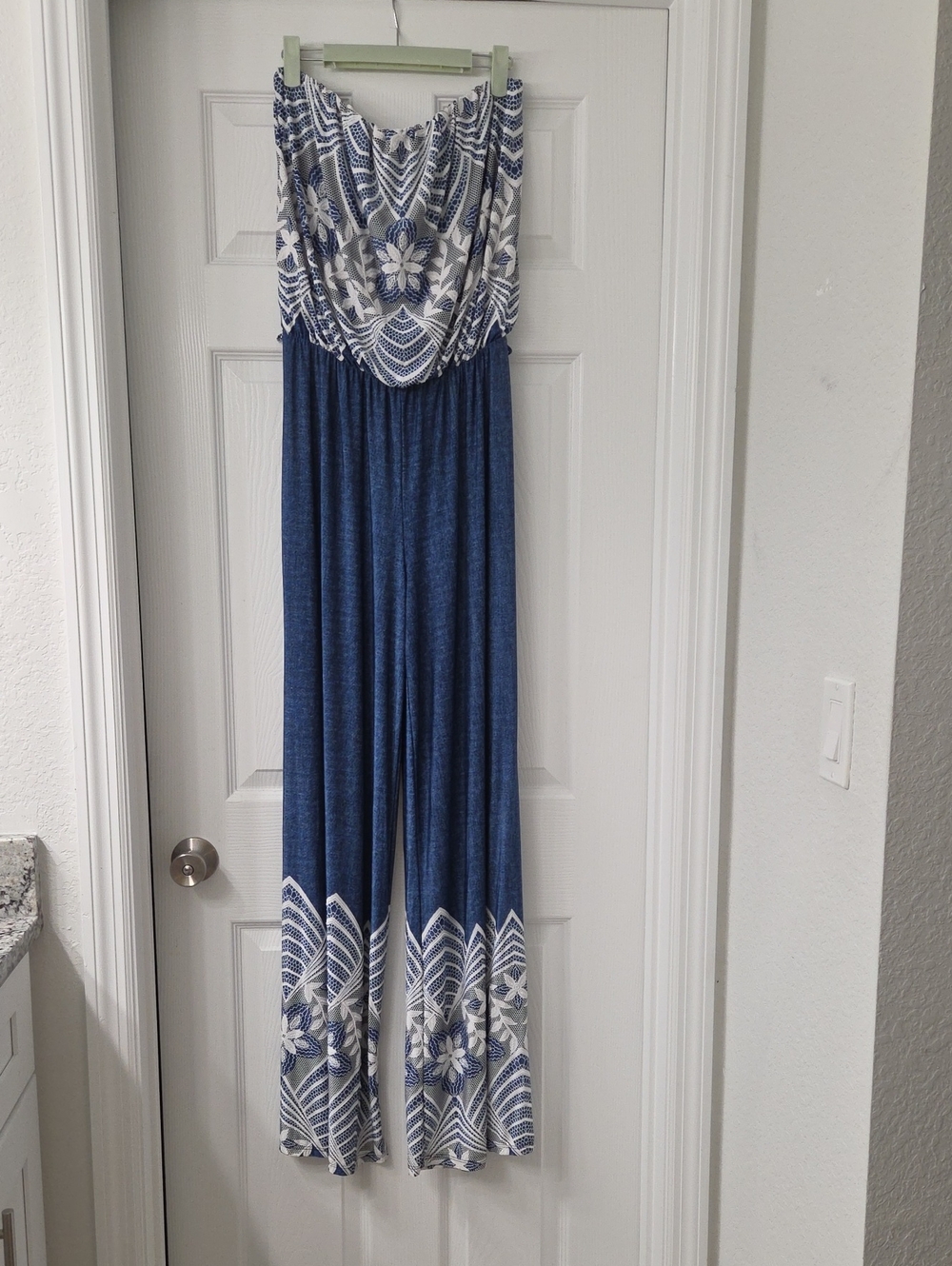 Ariella Blue and White Strapless Printed Wide-Leg Jumpsuit